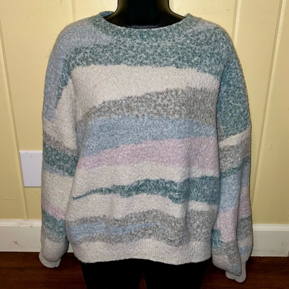 Altar’d State Cozy Blue, Cream Pink Pastel Boho Crewneck Striped Sweater Size M - Picture 4 of 10